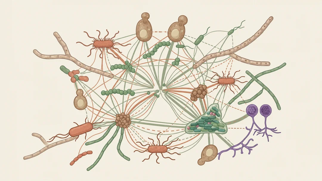 Microbial network illustration showing interconnected microorganism communities